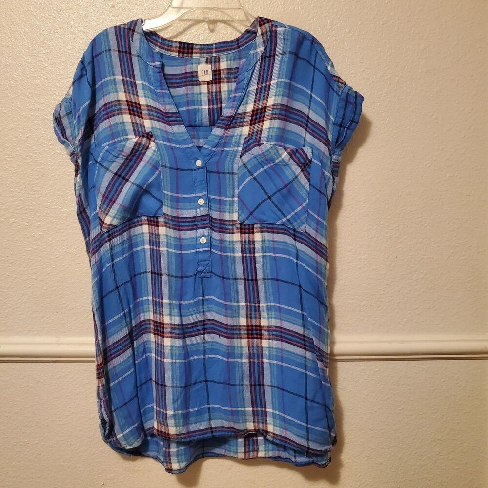 Gap Plaid Shirt‎ Drapey Short Sleeve Button Front Blue Womens Size L Large Rayon